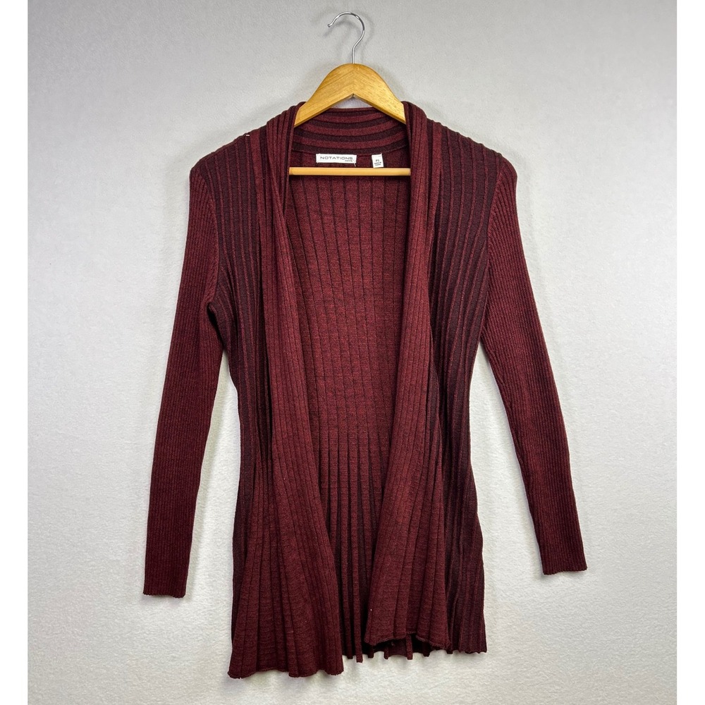 Notations Petite Ribbed Cardigan Burgundy Long Sleeve Open Front Knit Top PS‎